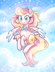 Size: 1074x1398 | Tagged: safe, artist:sodasneb, oc, oc only, oc:ninny, pegasus, blushing, bowtie, colored wings, female, flower, flying, folded wings, happy, heterochromia, mare, necktie, patterned background, sky background, smiling, solo, spread wings, sunflower, two toned mane, two toned wings, wings