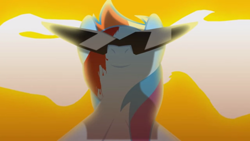 Size: 1366x768 | Tagged: safe, artist:obisam, rainbow dash, pegasus, pony, g4, anime reference, blood, female, glasses, mare, solo, sunglasses, tengen toppa gurren lagann