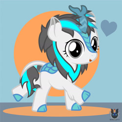 Size: 1418x1418 | Tagged: safe, artist:wheatley r.h., derpibooru exclusive, oc, oc only, oc:blizzard flare, kirin, cloven hooves, female, filly, foal, happy, heart, kirin oc, raised hoof, solo, three toned background, tongue out, vector, watermark