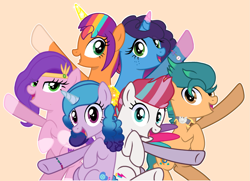 Size: 1939x1402 | Tagged: safe, artist:artsmlpgen5, hitch trailblazer, izzy moonbow, misty brightdawn, pipp petals, sunny starscout, zipp storm, alicorn, earth pony, pegasus, unicorn, g4, g5, female, horn, male, mane five, mane six (g5), mane stripe sunny, mare, race swap, rebirth misty, royal sisters (g5), siblings, sisters, sunnycorn