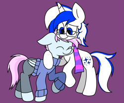 Size: 3645x3024 | Tagged: safe, artist:derpyalex2, oc, oc only, oc:stargazer, pegasus, pony, unicorn, clothes, commission, digital art, duo, glasses, horn, hug, pants, purple background, scarf, simple background, striped scarf, sweater