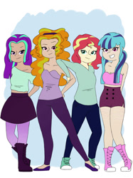 Size: 1024x1366 | Tagged: safe, artist:aurorepeachie, adagio dazzle, aria blaze, sonata dusk, sunset shimmer, human, equestria girls, g4, 2015, alternate hairstyle, converse, female, pigeon toed, shoes, the dazzlings