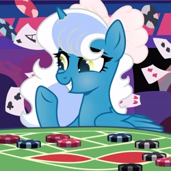 Size: 6890x6890 | Tagged: safe, artist:riofluttershy, oc, oc only, oc:fleurbelle, alicorn, pony, abstract background, alicorn oc, blushing, bow, female, hair bow, horn, mare, pink bow, playing card, poker, poker chips, solo, two toned hair, two toned mane, wings, yellow eyes