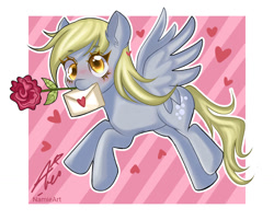 Size: 1280x1030 | Tagged: safe, artist:namieart, derpy hooves, pegasus, pony, g4, female, flower, flower in mouth, heart, letter, mare, mouth hold, rose, rose in mouth, solo