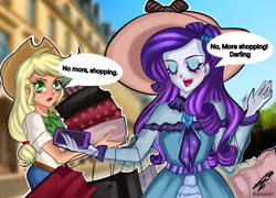 Size: 1280x923 | Tagged: safe, artist:namieart, applejack, rarity, human, equestria girls, g4, applejack's hat, cellphone, cowboy hat, duo, duo female, female, hat, phone, speech bubble