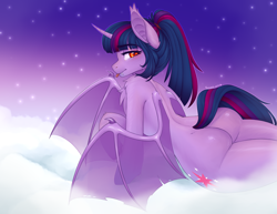 Size: 2996x2316 | Tagged: safe, artist:evlass, twilight sparkle, alicorn, bat pony, bat pony alicorn, semi-anthro, g4, back, bat ponified, bat wings, butt, chest fluff, cloud, female, horn, looking at you, mare, on a cloud, plot, race swap, red eyes, shoulder fluff, slit pupils, solo, tongue out, twibat, twibutt, twilight sparkle (alicorn), wings