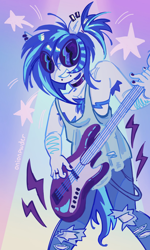 Size: 788x1314 | Tagged: safe, artist:onionpwder, dj pon-3, vinyl scratch, unicorn, anthro, g4, alternate design, alternate hairstyle, arm hair, armpit hair, black nail polish, blue mane, chest hair, choker, clothes, coontails, dyed mane, ear piercing, earring, electric guitar, emanata, gradient background, guitar, holding, horn, jeans, jewelry, lip piercing, missing horn, musical instrument, painted nails, pants, piercing, ponytail, requested art, ring, ripped jeans, ripped pants, scar, shiny mane, signature, smiling, snake bites, solo, spiky mane, spotlight, standing, stars, surgery scar, tank top, top scars, torn clothes, transmasculine, two toned mane, vinyl's glasses, wall of tags, white coat