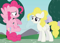 Size: 827x590 | Tagged: safe, artist:pinkiepartypiepiety, pinkie pie, surprise, pegasus, pony, g1, g4, deviantart watermark, duo, duo female, female, g1 to g4, generation leap, mare, obtrusive watermark, pegasus pinkie pie, race swap, screencap background, watermark