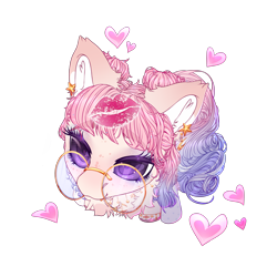 Size: 2500x2500 | Tagged: safe, artist:medkit, oc, oc only, oc:kimiko kaneko, earth pony, pony, :3, body freckles, bow, bracelet, cel shading, chest fluff, clothes, coat markings, colored ear fluff, colored ears, colored eyebrows, colored eyelashes, colored glasses, colored hooves, colored lineart, colored pupils, colored sketch, crescent moon, curls, ear cleavage, ear fluff, ear piercing, earring, eye clipping through hair, eyebrows, eyebrows visible through hair, eyelashes, eyeshadow, female, floppy ears, freckles, fringe, from above, full body, glasses, glitter, gold, gradient ears, gradient mane, gradient tail, heart, heart ears, heart shaped, high res, hooves, horseshoes, jewelry, kiss mark, lightly watermarked, lipstick, long mane, long tail, looking at you, makeup, mare, moon, multicolored coat, multicolored mane, multicolored tail, odango, paint tool sai 2, perspective, piercing, pigtails, print, ribbon, round glasses, ruby, shading, signature, simple background, sitting, sketch, solo, stars, stockings, striped tail, tail, tassels, thigh highs, transparent background, unshorn fetlocks, violet eyes, wall of tags, watermark, wavy mane