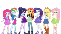 Size: 3840x2160 | Tagged: safe, artist:octosquish7260, applejack, fluttershy, pinkie pie, rainbow dash, rarity, sci-twi, sunset shimmer, twilight sparkle, human, equestria girls, g4, converse, humane five, humane seven, humane six, shoes, simple background, transparent background