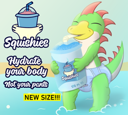 Size: 3400x3043 | Tagged: safe, artist:sweetielover, oc, oc only, oc:yosh, bird, dragon, duck, hybrid, beach, branded, commission, cup, diaper, drink, drinking, eyes closed, high res, holding, logo, logo parody, male, ocean, poster, shaved ice, solo, standing, straw, sunlight, swim diaper, water