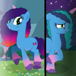 Size: 894x894 | Tagged: safe, artist:artsmlpgen5, misty brightdawn, pony, unicorn, g4, g5, crying, grin, happy, horn, rebirth misty, sad, screencap background, smiling, solo, split screen, two sides