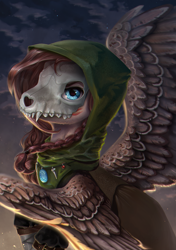 Size: 3800x5400 | Tagged: safe, artist:ondrea, oc, oc:ondrea, fallout equestria, cape, clothes, cute, freckles, helmet, hooded, skull, spread wings, wings