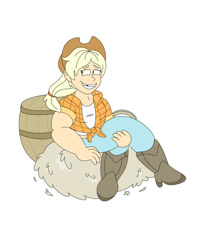 Size: 795x1005 | Tagged: safe, artist:luvi-verse, applejack, human, g4, applejack's hat, barrel, cowboy hat, cowgirl, female, hat, hay, humanized, solo