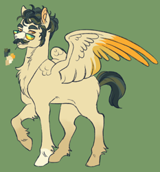 Size: 1492x1603 | Tagged: safe, artist:cactiflowers, oc, oc only, pegasus, pony, colored wings, gradient wings, green background, male, offspring, parent:soarin', parent:spitfire, parents:soarinfire, simple background, solo, stallion, sunglasses, two toned wings, wings