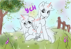 Size: 2360x1640 | Tagged: safe, oc, oc only, alicorn, earth pony, pegasus, pony, unicorn, commission, couple, cute, duo, duo male and female, female, fence, flower, horn, male, tree, ych sketch, your character here