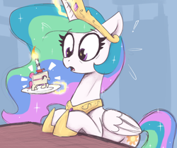 Size: 2500x2100 | Tagged: safe, artist:t72b, princess celestia, alicorn, cake pony, food pony, object pony, original species, pony, g4, cake, cakelestia, candle, candle pony, emanata, ethereal mane, eyes closed, female, folded wings, food, gift art, hoof shoes, horn, imminent trauma, jewelry, looking at something, magic, mare, open mouth, plate, ponified, princess shoes, regalia, surprised, table, tail, wings