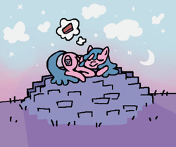 Size: 962x810 | Tagged: safe, anonymous artist, oc, oc only, oc:mortar mare, pegasus, pony, brick, brick booty lore, bricks, cloud, cloudy, comfy, crescent moon, cute, dream, eyes closed, female, grass, lore, lying down, mare, moon, mortar, night, night sky, no source available, pegasus oc, pixel-crisp art, sky, sleeping, smiling, solo, sparkles, stars, teal mane, thought bubble