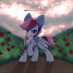 Size: 3000x3000 | Tagged: safe, artist:persikulka, oc, oc only, pegasus, pony, cloud, cloudy, flower, life bar, looking at you, pegasus oc, raised hoof, smiling, smiling at you, solo