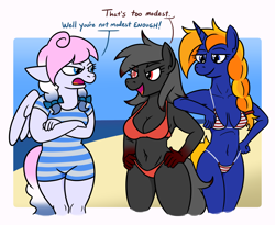 Size: 1922x1578 | Tagged: safe, artist:jargon scott, oc, oc only, oc:blood stain, oc:comet dust, oc:heavy weather, earth pony, pegasus, unicorn, anthro, beach, belly, belly button, big breasts, bikini, bow, breasts, cleavage, clothes, commission, crossed arms, dialogue, ears back, female, frown, furrowed brow, hair bow, hand on hip, horn, ocean, one-piece swimsuit, open mouth, open smile, pigtails, smiling, string bikini, swimsuit, teasing, thighs, thunder thighs, trio, trio female, twintails, water, wide hips