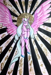 Size: 2337x3428 | Tagged: safe, artist:emmaneiac, opaline arcana, alicorn, pony, g5, eyes closed, female, gold leaf, mare, smiling, solo, spread wings, traditional art, wings