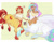 Size: 1440x1119 | Tagged: safe, artist:inkrred, princess celestia, sunset shimmer, centaur, human, taur, g4, bunset shimmer, butt, centaurified, clothes, duo, duo female, elf ears, female, grin, humanized, light skin, looking back, missing cutie mark, moderate dark skin, off shoulder, open mouth, open smile, passepartout, plot, smiling, species swap, younger