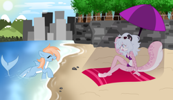 Size: 7672x4408 | Tagged: safe, artist:crazysketch101, artist:syrupyyy, oc, oc:izzy, original species, pony, shark, shark pony, beach, city, commission, dorsal fin, duo, fin, fish tail, furry, furry oc, ocean, tail, towel, tree, umbrella, water