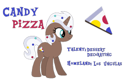 Size: 753x483 | Tagged: safe, artist:moonlightthegriffon, oc, oc only, oc:candy pizza, pony, unicorn, base used, bio in description, cutie mark, dessert, female, food, horn, los ungulas, mare, reference sheet, simple background, solo, text, transparent background, unicorn oc