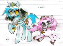 Size: 3252x2368 | Tagged: safe, artist:肝到驾崩, derpibooru exclusive, oc, oc only, oc:claudia fenix, oc:zz online, alicorn, earth pony, pony, cross, cute, duo, duo female, female, lined paper, looking at each other, nun, pink pony, ponified, traditional art