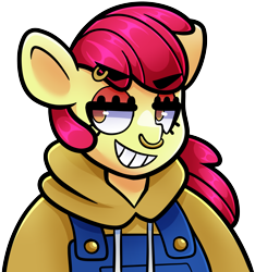 Size: 3599x3844 | Tagged: safe, artist:partypievt, apple bloom, earth pony, anthro, g4, bust, clothes, eyebrow piercing, eyebrows, eyebrows visible through hair, hoodie, looking away, nose piercing, overalls, piercing, simple background, smiling, smirk, solo, teeth, transparent background