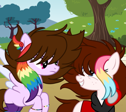 Size: 1535x1364 | Tagged: safe, artist:circuspaparazzi5678, artist:grell-breanna5678, artist:grellsutcliffbreanna, oc, oc only, oc:rainbow iris, oc:red symphony, earth pony, pegasus, pony, base used, clothes, duo, earth pony oc, freckles, frown, grin, headphones, hoodie, park, pegasus oc, rainbow, smiling, tree