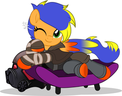 Size: 6350x5000 | Tagged: safe, artist:jhayarr23, oc, oc only, oc:solar aura, pegasus, pony, fallout equestria, alternate hairstyle, colored hooves, colored wings, commission, commissioner:solar aura, couch, fallout, fallout: new vegas, gradient wings, green eyes, helmet, hooves, ncr ranger, one eye closed, one eye open, pegasus oc, pixie cut, short hair, simple background, solo, transparent background, wings, wink