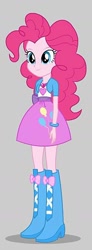 Size: 568x1543 | Tagged: safe, pinkie pie, equestria girls, g4, boots, clothes, geode of sugar bombs, gray background, high heel boots, jacket, magical geodes, shirt, shoes, simple background, skirt, solo, vest