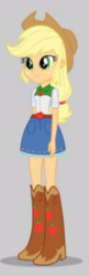 Size: 629x1950 | Tagged: safe, applejack, equestria girls, g4, belt, boots, clothes, cowboy boots, cowboy hat, cowgirl, denim, denim skirt, geode of super strength, gray background, hat, high heel boots, magical geodes, shirt, shoes, simple background, skirt, solo, stetson