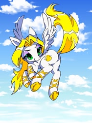 Size: 1200x1600 | Tagged: safe, artist:stacy_165cut, oc, oc only, oc:golden apple (stacy_165cut), pegasus, pony, ballet slippers, big eyes, blonde mane, blonde tail, butt, colored hooves, dock, eyelashes, eyeshadow, female, female oc, flying, fringe, gold hooves, green eyes, hooves, lidded eyes, long mane, long tail, looking back, makeup, mare, mare oc, narrowed eyes, pegasus oc, pink eyeshadow, plot, raised tail, shiny eyelashes, shiny hooves, shiny mane, shiny tail, sky background, smiling, smirk, solo, tail, three quarter view, underhoof, white coat, yellow mane, yellow tail