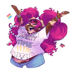 Size: 2000x2000 | Tagged: safe, artist:uunicornicc, pinkie pie, human, g4, american flag, bracelet, dark skin, eyes closed, flag, humanized, jewelry, open mouth, open smile, pansexual, pansexual pride flag, pride, pride flag, simple background, smiling, solo, united states, vitiligo, white background