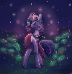 Size: 1280x1309 | Tagged: safe, artist:summerbeachyt, twilight sparkle, pony, unicorn, a canterlot wedding, g4, bridesmaid dress, clothes, dancing, dress, eyes closed, female, garden, glowing, glowing horn, horn, love is in bloom, magic, mare, night, scene interpretation, singing, solo, telekinesis, unicorn twilight