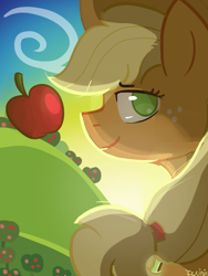 Size: 750x1000 | Tagged: safe, artist:summerbeachyt, applejack, earth pony, g4, apple, applejack's hat, cowboy hat, female, food, hat, looking at you, looking back, looking back at you, mare, smiling, solo, sunrise, sweet apple acres