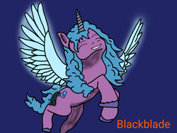 Size: 2048x1536 | Tagged: safe, artist:blackblade360, izzy moonbow, alicorn, pony, unicorn, g5, alicornified, blue background, blue mane, blue tail, digital art, eyes closed, fanart, flying, glowing, glowing wings, horn, ibispaint x, izzy moonbow (alicorn), izzy sings champagne drip - me and you, izzycorn, purple coat, race swap, raised leg, shading, signature, simple background, smiling, solo, spread wings, tail, unshorn fetlocks, wings