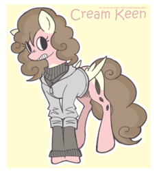 Size: 550x600 | Tagged: safe, artist:expectationemesis, oc, oc only, oc:cream keen, pegasus, pony, brown mane, clothes, coat markings, colored lineart, curly mane, curly tail, female, folded wings, gritted teeth, hoodie, looking sideways, mare, nervous, outline, passepartout, pastel, pegasus oc, pink coat, redraw, solo, standing, sweater, tail, teeth, white outline, wings