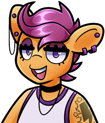 Size: 3176x3715 | Tagged: safe, artist:partypievt, scootaloo, pegasus, anthro, g4, choker, clothes, ear piercing, earring, eyeshadow, jewelry, looking at you, makeup, piercing, simple background, singlet, sleeveless, solo, tank top, tattoo, transparent background, wifebeater