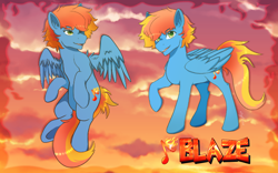 Size: 1920x1200 | Tagged: safe, artist:icy_passio, oc, oc:blazarius, pegasus, pony, character design, fiery mane, green eyes, male, pegasus oc