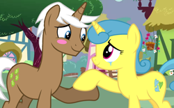 Size: 2186x1357 | Tagged: safe, artist:gloominosity, artist:moonlightthegriffon, lemon hearts, mochaccino, rare find, pony, unicorn, g4, base used, blushing, crying, duo, duo male and female, emeraldhearts, fake screencap, female, holding hooves, horn, looking at each other, looking at someone, male, mare, ponyville, screencap background, shipping, smiling, smiling at each other, stallion, straight, tears of joy