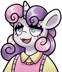 Size: 3229x3739 | Tagged: safe, artist:partypievt, sweetie belle, unicorn, anthro, g4, :3, blushing, clothes, collared shirt, eyeshadow, female, horn, lidded eyes, makeup, open mouth, shirt, simple background, solo, transparent background, vest