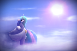 Size: 2853x1896 | Tagged: safe, artist:gosha305, princess celestia, pony, g4, chest fluff, cloud, ear fluff, female, flowing mane, fluffy, flying, flying upwards, horn, lineless, mare, sky, smiling, solo, sun