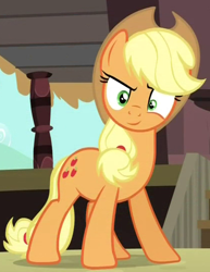 Size: 420x545 | Tagged: safe, edit, edited screencap, editor:twilyisbestpone, screencap, applejack, earth pony, pony, g4, my little pony: friendship is magic, season 4, three's a crowd, applejack is best facemaker, cropped, female, inverted mouth, looking at you, mare, smiling, smiling at you, smirk, solo, train station