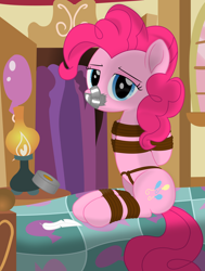 Size: 2200x2905 | Tagged: safe, artist:cardshark777, pinkie pie, earth pony, pony, g4, my little pony: the movie, alone, arm behind back, balloon, bed, bondage, bound and gagged, closet, clothes, crotch rope, duct tape, feather, female, femsub, fetish, gag, head tilt, helpless, hooves behind back, lamp, lidded eyes, looking at you, mare, on bed, pinkie's bedroom, pinkiesub, rope, rope bondage, shading, sitting, solo, submissive, table, tape, tape gag, tied up, window