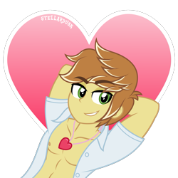 Size: 1701x1701 | Tagged: safe, artist:stellardusk, feather bangs, human, equestria girls, g4, abs, arm behind head, bedroom eyes, brown hair, clothes, commission, equestria girls-ified, eyebrows, eyebrows visible through hair, gradient background, green eyes, heart, heart background, heart necklace, jewelry, looking at you, male, male nipples, necklace, nipples, open clothes, open shirt, outline, pecs, shiny teeth, show accurate, signature, simple background, smiling, solo, teeth, transparent background, unbuttoned, upper body, vector, white outline, white shirt, yellow skin