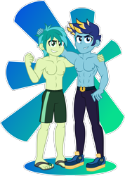 Size: 2722x3815 | Tagged: safe, artist:stellardusk, gallus, sandbar, human, equestria girls, g4, abs, abstract background, beach shorts swimsuit, belt, belt buckle, biceps, blue eyes, blue hair, blue skin, clothes, commission, duo, equestria girls-ified, eyebrows, fist, full body, gay, gradient background, green eyes, green hair, green skin, hand on head, hand on shoulder, high res, looking at you, male, male nipples, nipples, pants, partial nudity, pecs, sandals, ship:gallbar, shipping, show accurate, simple background, smiling, teeth, tennis shoes, tight clothing, topless, transparent background, two toned hair, vector