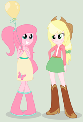 Size: 2592x3792 | Tagged: safe, artist:ponyportal, oc, oc only, oc:applefluff, oc:flutter free, human, equestria girls, g4, 2015, balloon, boots, clothes, cowboy hat, duo, duo female, equestria girls oc, equestria girls-ified, female, freckles, green background, grin, hat, high heel boots, jacket, magical lesbian spawn, offspring, old art, parent:fluttershy, parent:pinkie pie, parents:flutterpie, pigeon toed, shirt, shoes, simple background, skirt, smiling, vest